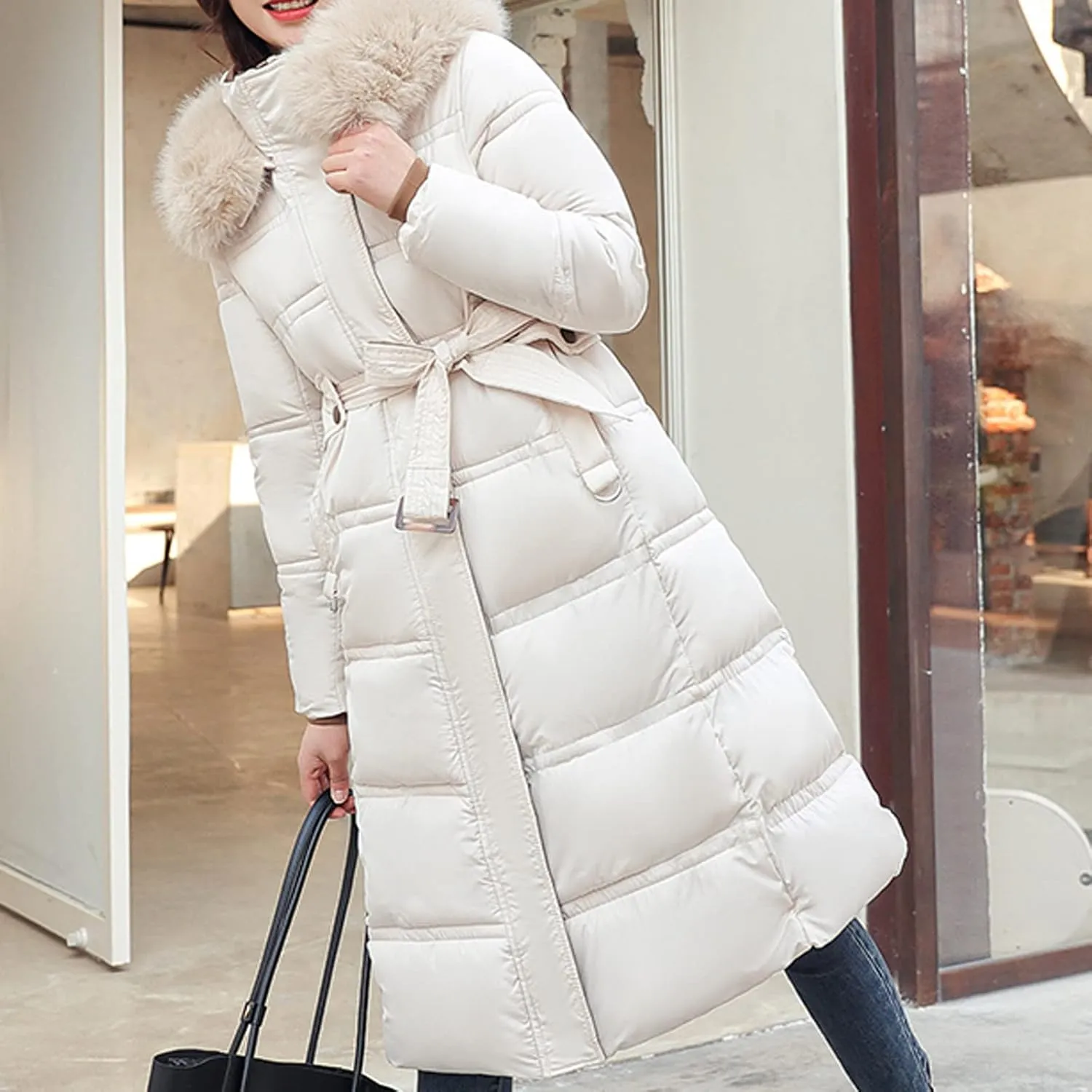 Womens Puffer Jacket Packable Down Coat With Faux Fur Hood Padded Quilted Outwear Thicken Waterproof Jacket Coats