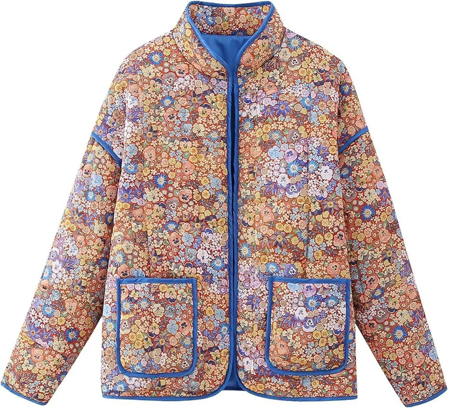 Women's Quilted Puffer Jacket Floral Printed Lightweight Cropped Open Front Cardigans Coats