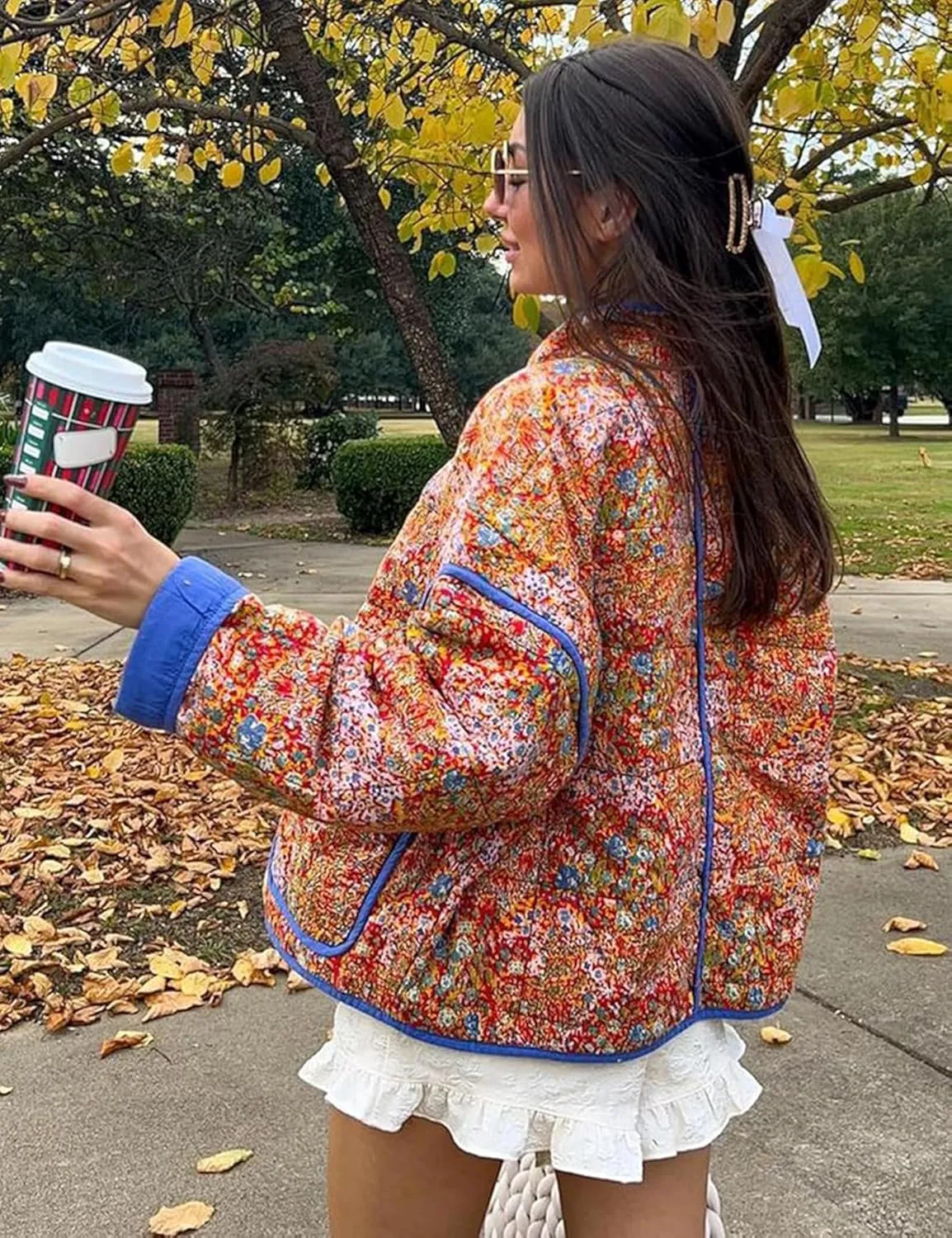 Women's Quilted Puffer Jacket Floral Printed Lightweight Cropped Open Front Cardigans Coats