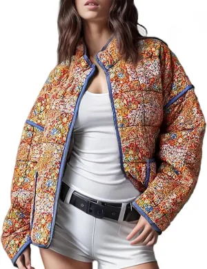 Women's Quilted Puffer Jacket Floral Printed Lightweight Cropped Open Front Cardigans Coats