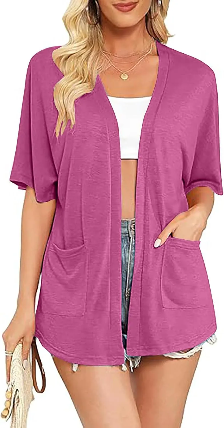 Womens Short Sleeve Open Front Lightweight Cardigans Casual Comfy Longline Draped Hem Soft Cotton Cardigans Sweater