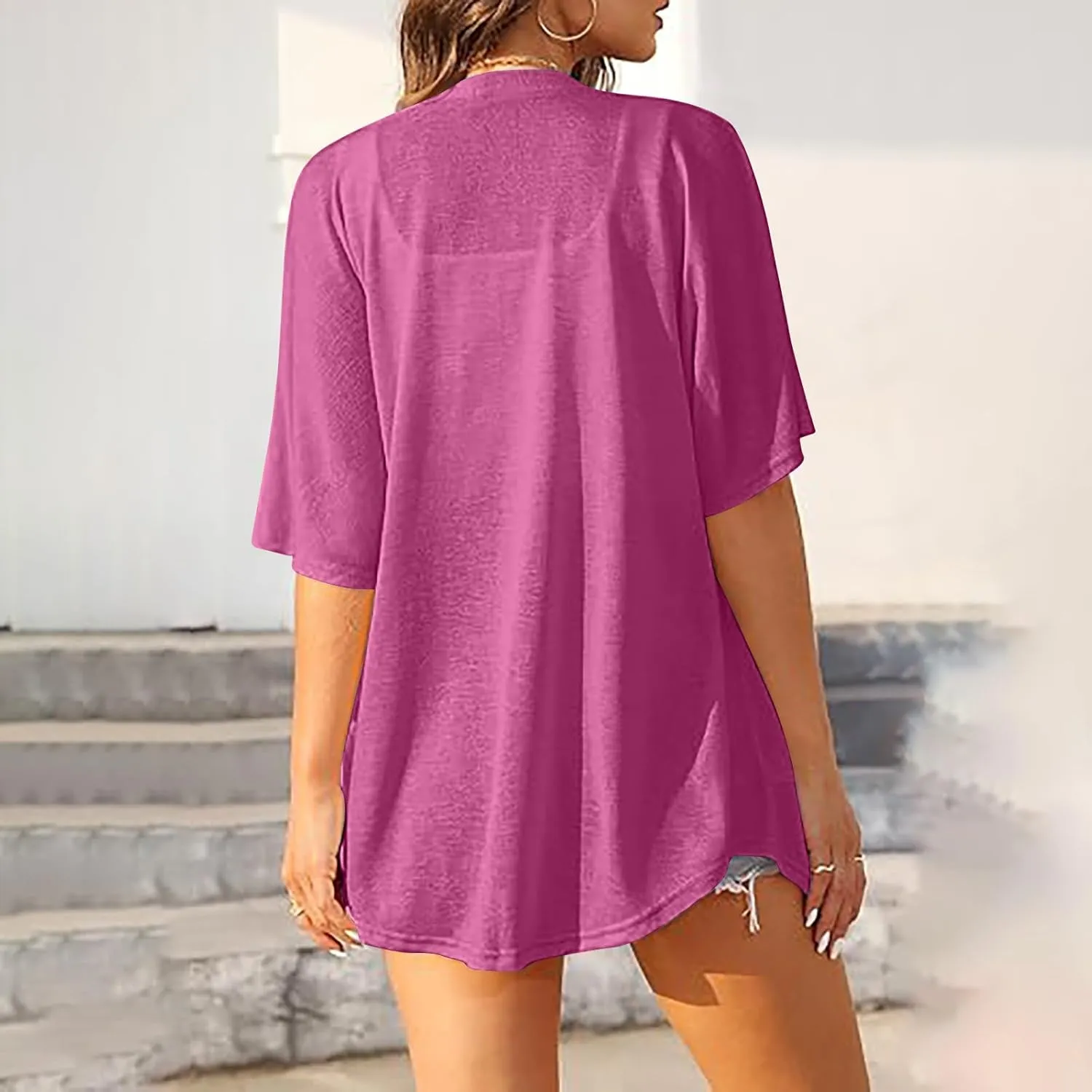 Womens Short Sleeve Open Front Lightweight Cardigans Casual Comfy Longline Draped Hem Soft Cotton Cardigans Sweater