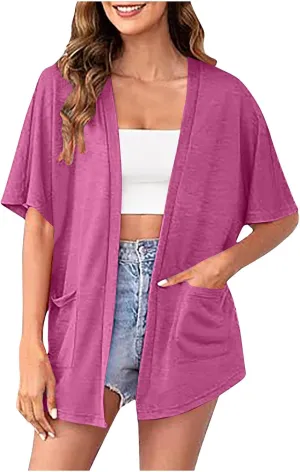 Womens Short Sleeve Open Front Lightweight Cardigans Casual Comfy Longline Draped Hem Soft Cotton Cardigans Sweater