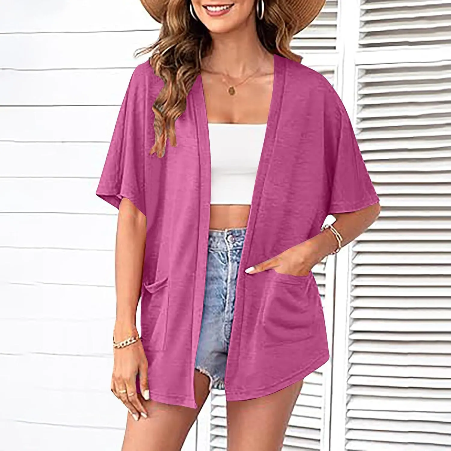 Womens Short Sleeve Open Front Lightweight Cardigans Casual Comfy Longline Draped Hem Soft Cotton Cardigans Sweater
