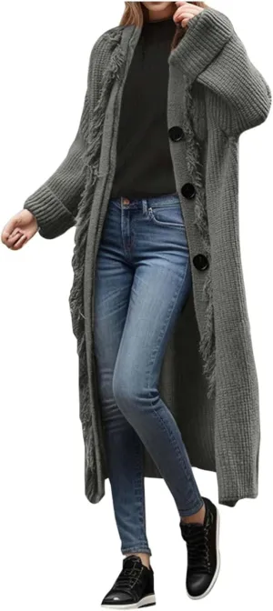 Women's Solid Color Knit Cardigan with Tassels Long Sleeve Open Front Sweater Fall Winter Chartreuse Cardigan