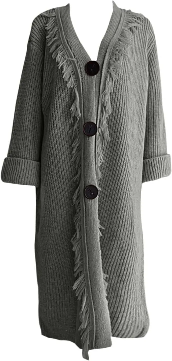 Women's Solid Color Knit Cardigan with Tassels Long Sleeve Open Front Sweater Fall Winter Chartreuse Cardigan
