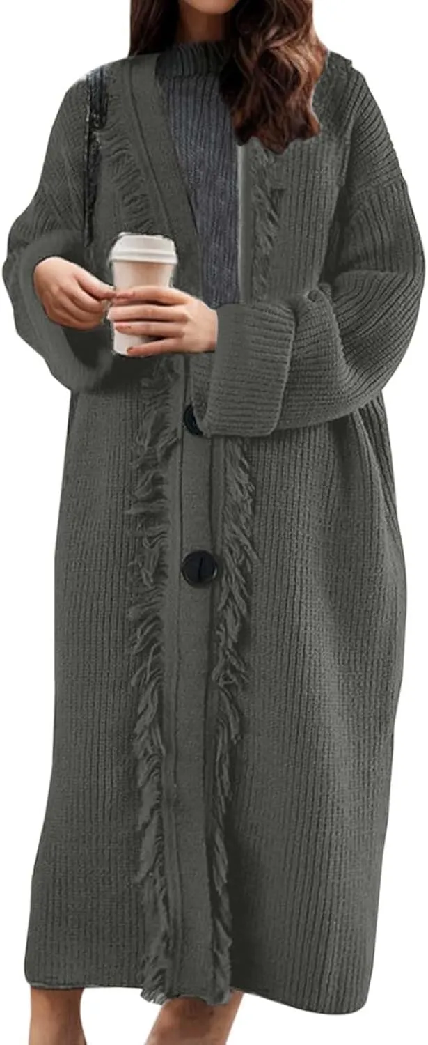 Women's Solid Color Knit Cardigan with Tassels Long Sleeve Open Front Sweater Fall Winter Chartreuse Cardigan
