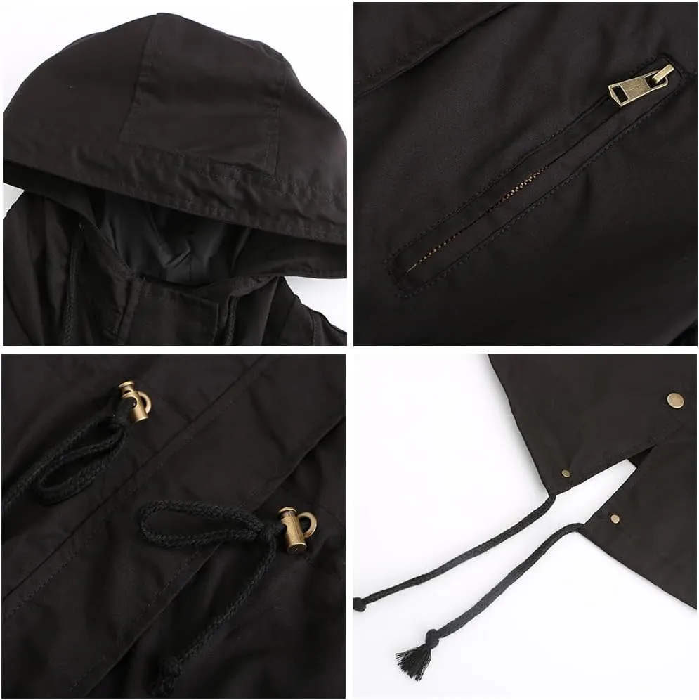 Women's Solid Color Loose Military Hooded Jacket Zip Up Utility Drawstring Waist Anorak Coat with Pockets