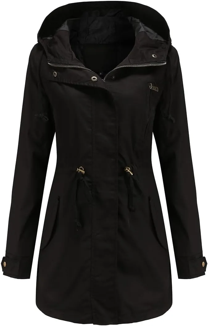 Women's Solid Color Loose Military Hooded Jacket Zip Up Utility Drawstring Waist Anorak Coat with Pockets
