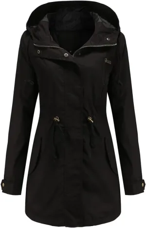 Women's Solid Color Loose Military Hooded Jacket Zip Up Utility Drawstring Waist Anorak Coat with Pockets