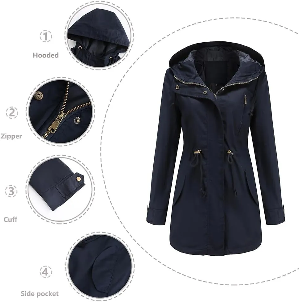Women's Solid Color Loose Military Hooded Jacket Zip Up Utility Drawstring Waist Anorak Coat with Pockets
