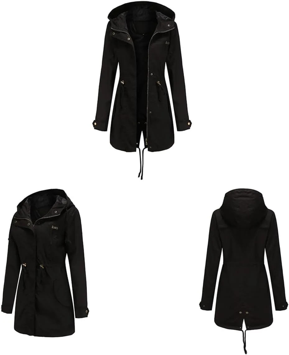 Women's Solid Color Loose Military Hooded Jacket Zip Up Utility Drawstring Waist Anorak Coat with Pockets