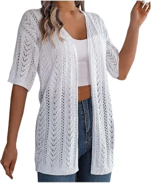 Women's Solid Color Summer Crochet Short Sleeve Knit Cardigan Lightweight Open Front Sun Cover Long Cardigans