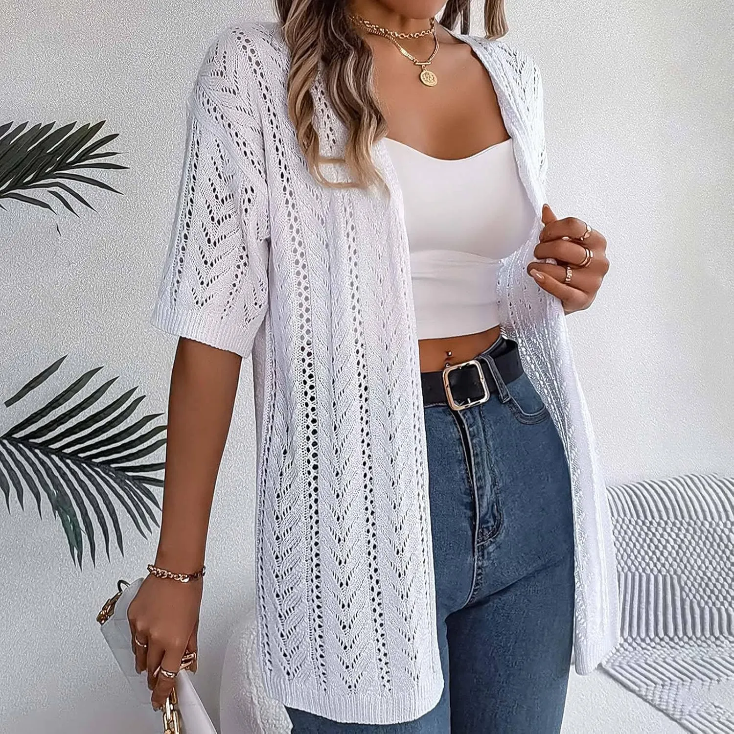 Women's Solid Color Summer Crochet Short Sleeve Knit Cardigan Lightweight Open Front Sun Cover Long Cardigans