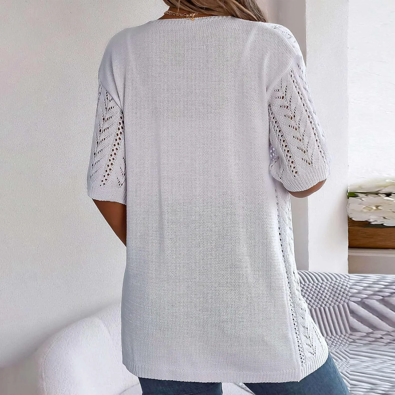 Women's Solid Color Summer Crochet Short Sleeve Knit Cardigan Lightweight Open Front Sun Cover Long Cardigans