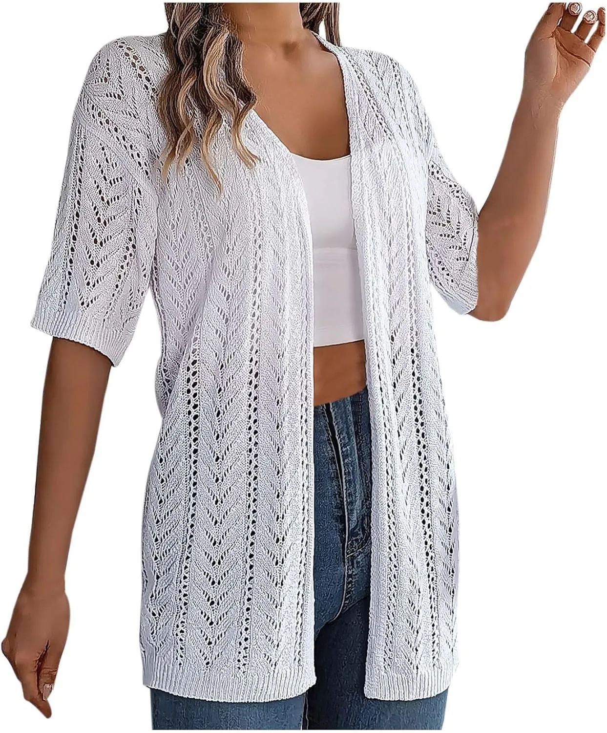 Women's Solid Color Summer Crochet Short Sleeve Knit Cardigan Lightweight Open Front Sun Cover Long Cardigans