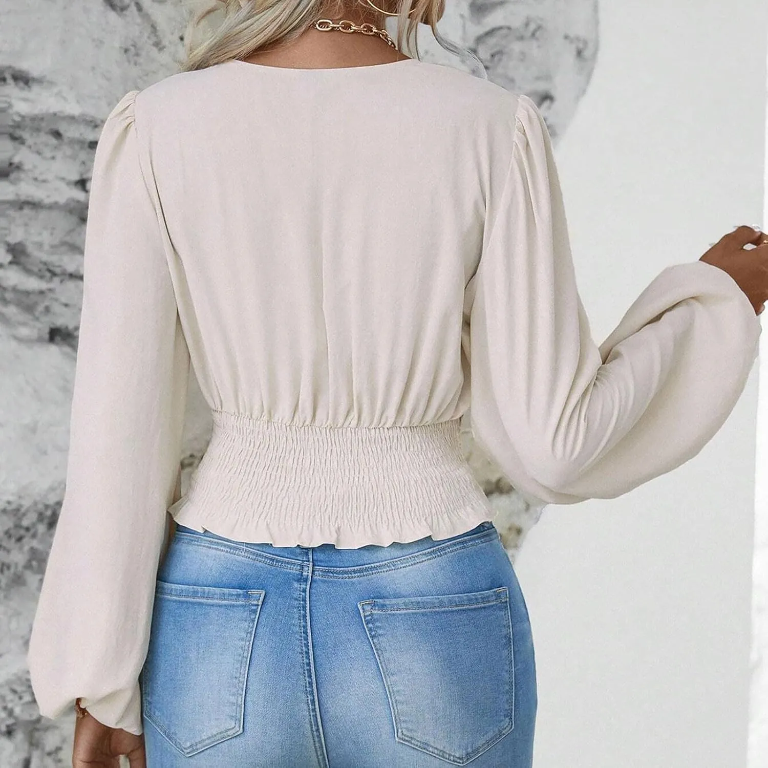 Women's Solid Colour Hoodies Waisted V-Neck Long lantern Sleeve Tops Casual Cropped Fashion Fall Outfits 2024