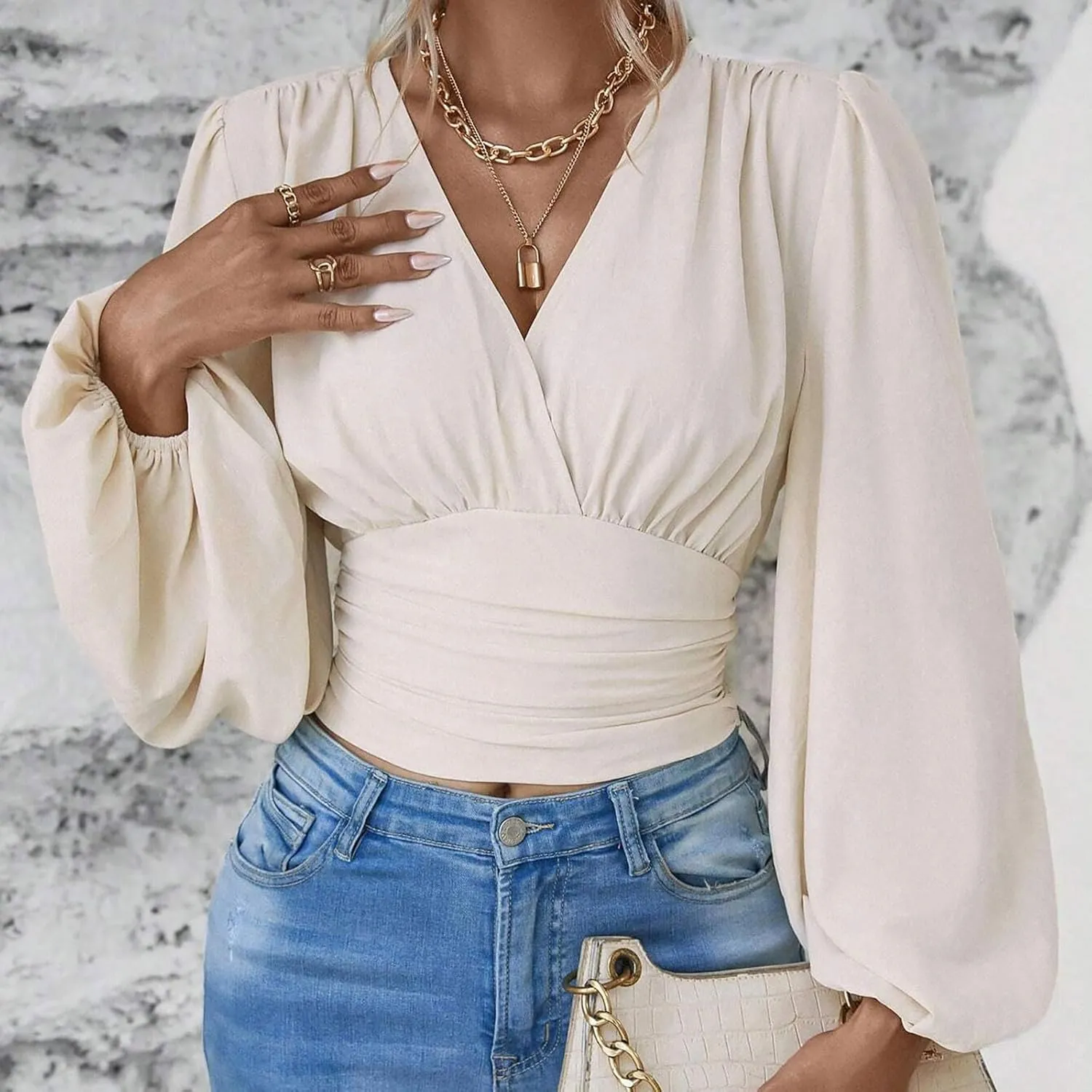 Women's Solid Colour Hoodies Waisted V-Neck Long lantern Sleeve Tops Casual Cropped Fashion Fall Outfits 2024