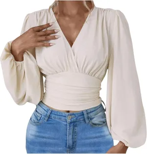 Women's Solid Colour Hoodies Waisted V-Neck Long lantern Sleeve Tops Casual Cropped Fashion Fall Outfits 2024