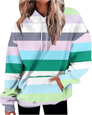 Womens Striped Hoodies Color Block Drawstring Hoodie Oversized Pullover Casual Fall Fashion Loose Fit Sweatshirt