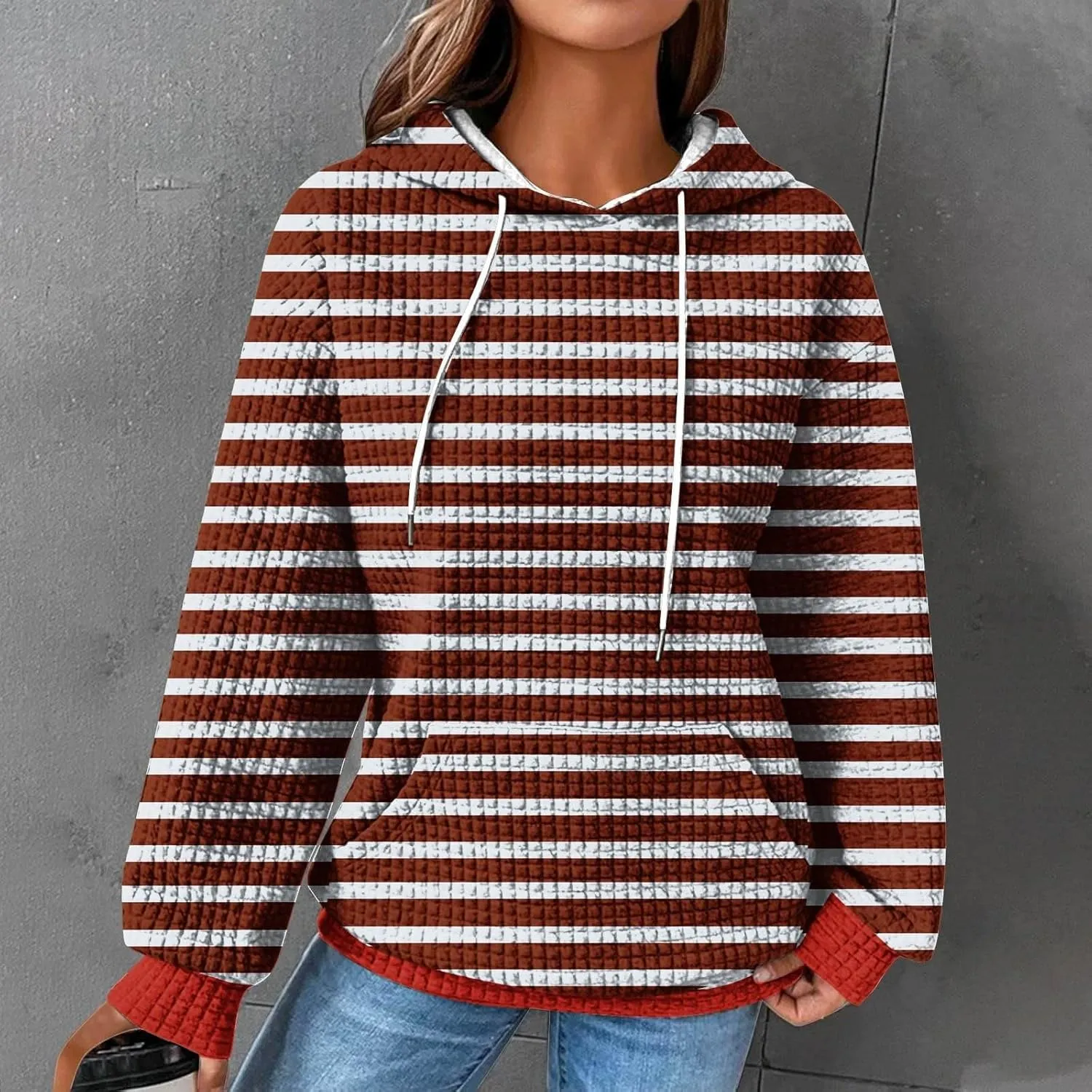 Womens Striped Hoodies Drawstring Fall Fashion Long Sleeve Sweatshirts Color Block Loose Pullover Tops with Pockets