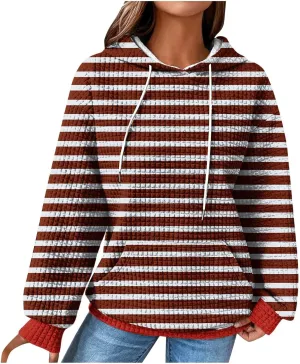 Womens Striped Hoodies Drawstring Fall Fashion Long Sleeve Sweatshirts Color Block Loose Pullover Tops with Pockets