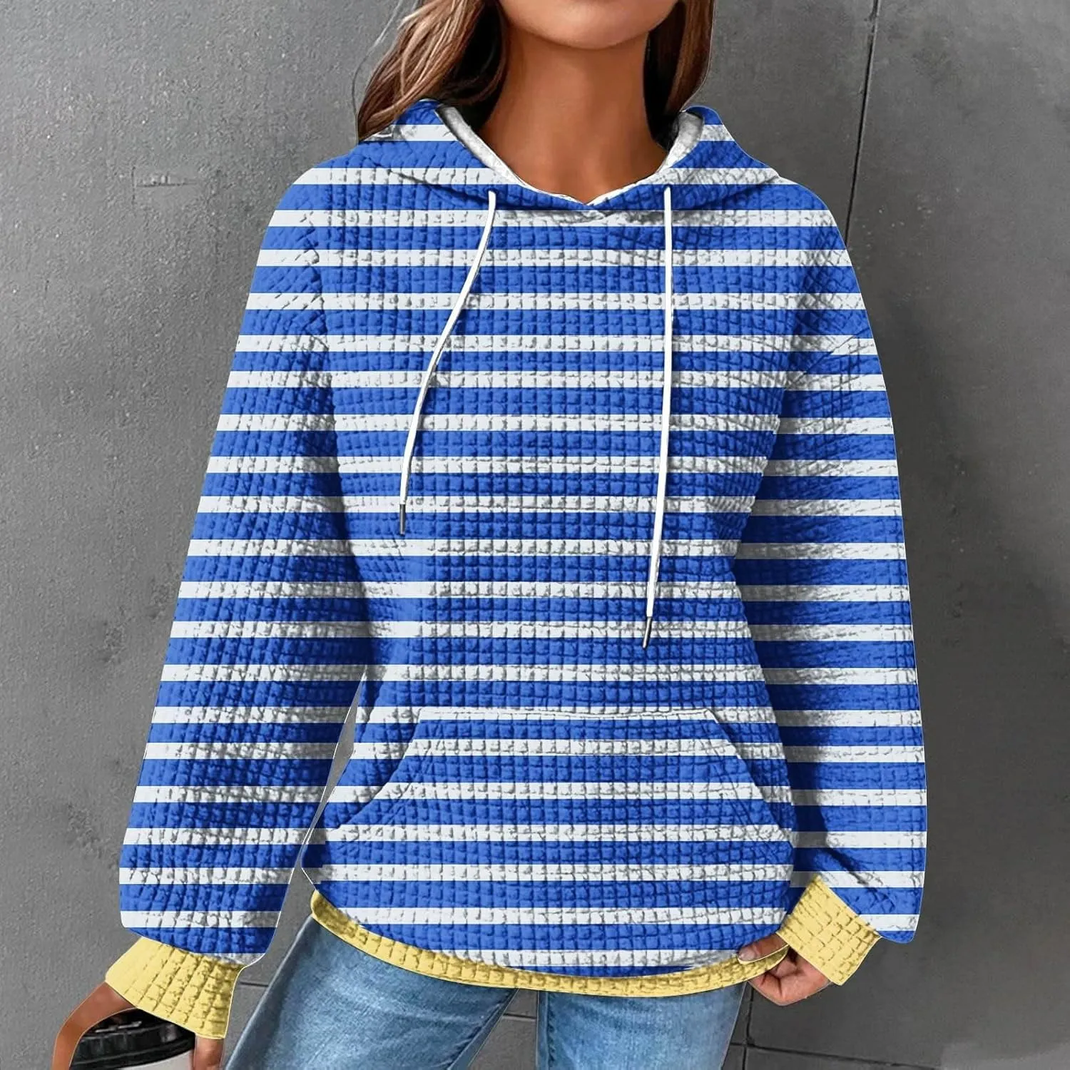 Womens Striped Hoodies Drawstring Fall Fashion Long Sleeve Sweatshirts Color Block Loose Pullover Tops with Pockets