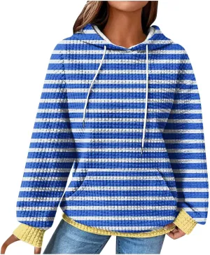 Womens Striped Hoodies Drawstring Fall Fashion Long Sleeve Sweatshirts Color Block Loose Pullover Tops with Pockets