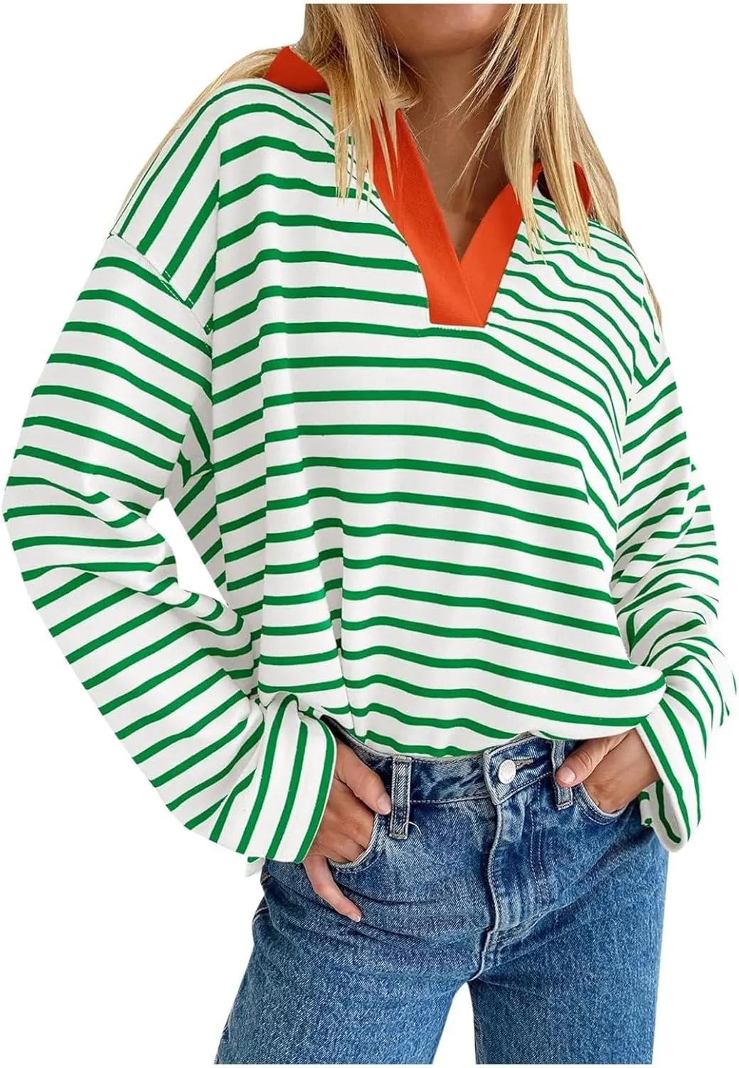 Womens Striped Sweatshirts 2024 V Neck Casual Loose Blouses Business Casual Fall Fashion Outfits Clothes