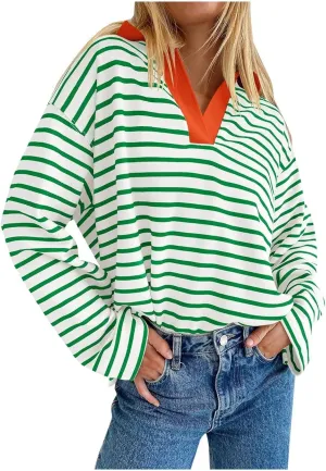 Womens Striped Sweatshirts 2024 V Neck Casual Loose Blouses Business Casual Fall Fashion Outfits Clothes