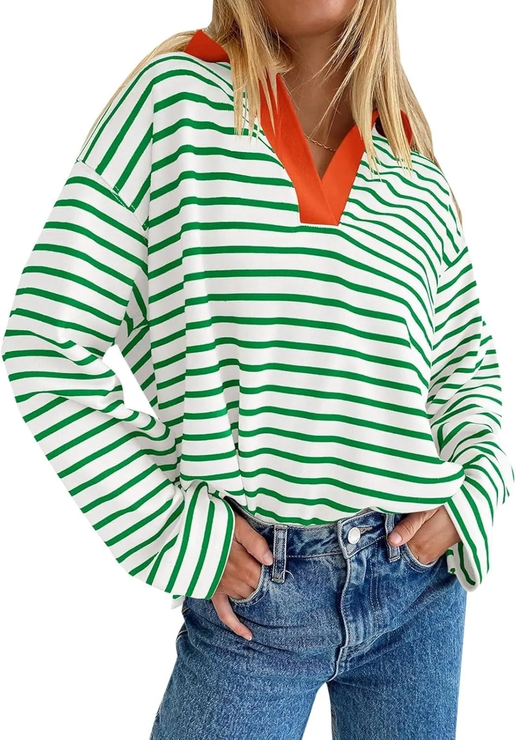 Womens Striped Sweatshirts 2024 V Neck Casual Loose Blouses Business Casual Fall Fashion Outfits Clothes