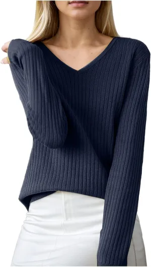 Women's Sweaters 2024 Fall Casual V Neck Solid Color Pullover Sweater Ribbed Slim Fit Basic Clothes Blouses