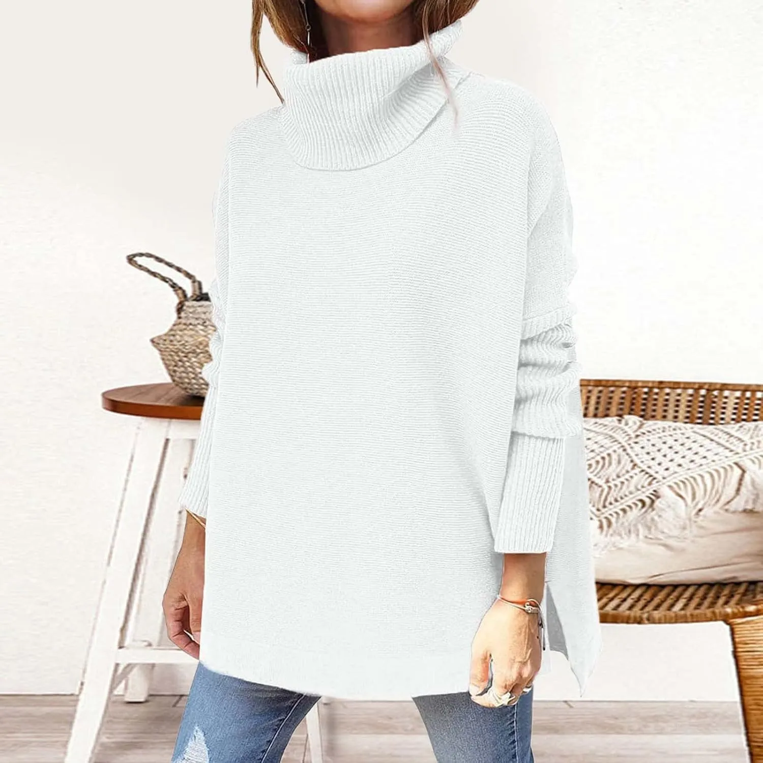 Womens Sweaters Turtleneck Batwing Sleeve Loose Oversized Sweaters Chunky Knitted Pullover Sweaters for Women