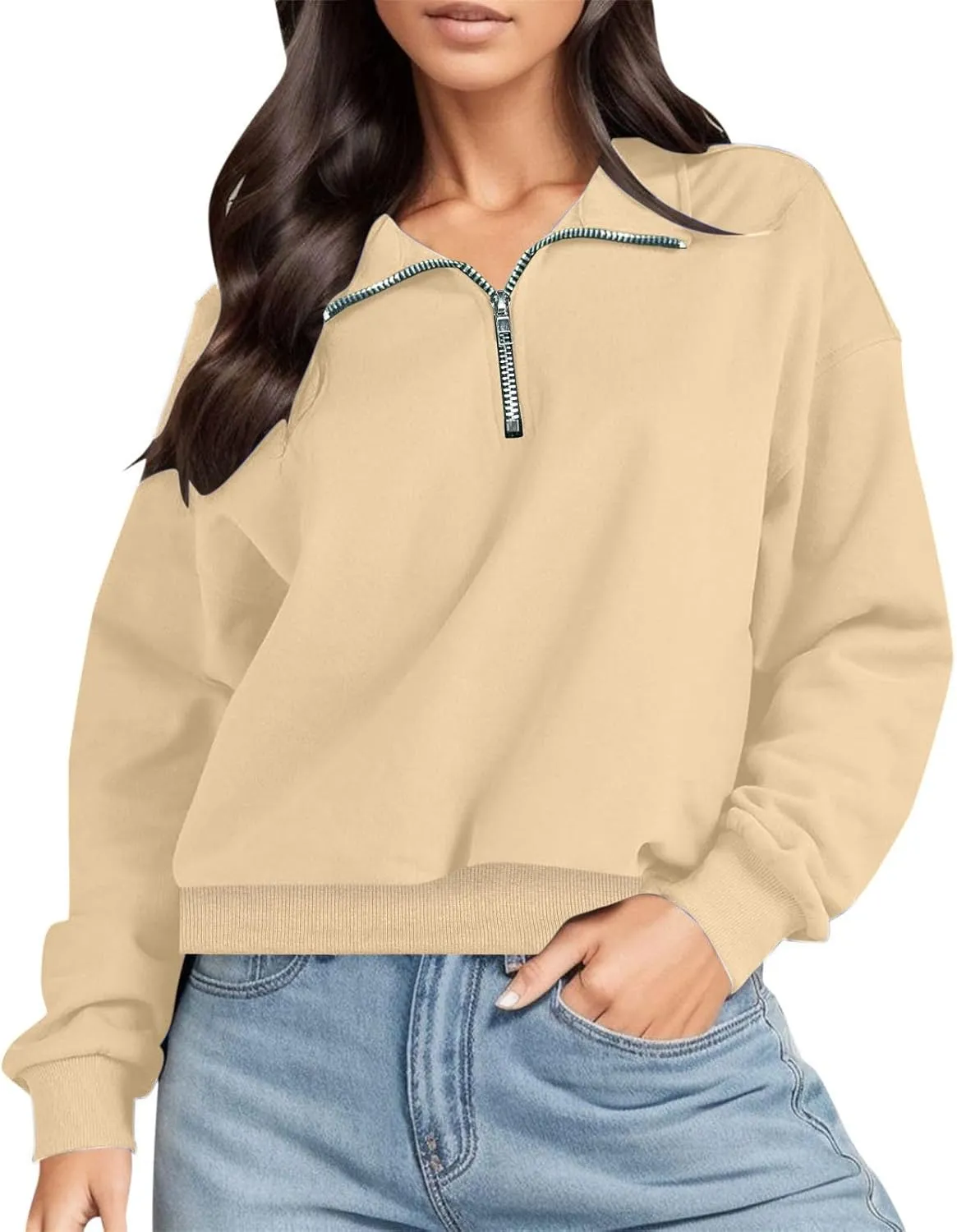 Womens Sweatshirt Cropped Half Zip Pullover Tops Solid Color Lapel Neck Sweatshirs Fleece Fashion Fall Outfits 2024