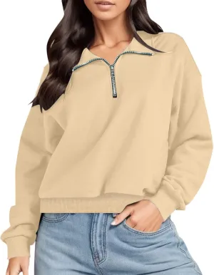 Womens Sweatshirt Cropped Half Zip Pullover Tops Solid Color Lapel Neck Sweatshirs Fleece Fashion Fall Outfits 2024