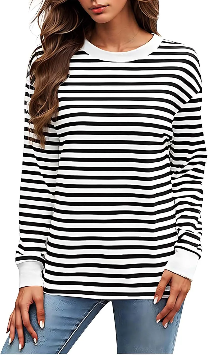 Womens Sweatshirts Crew Neck Long Sleeve Striped Colour Block Pullover Sweaters Fleece Casual Fall Trendy Clothes 2024