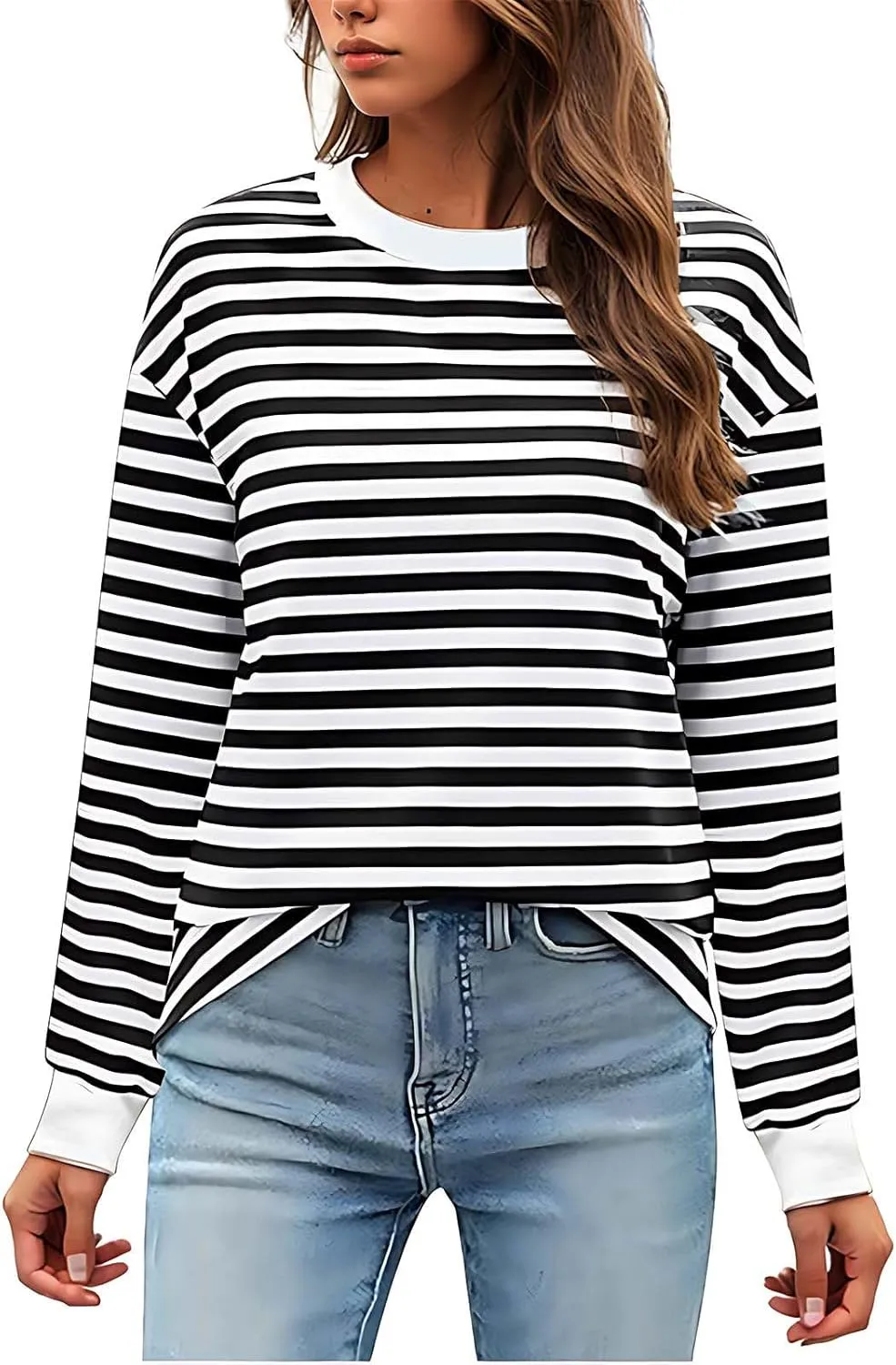 Womens Sweatshirts Crew Neck Long Sleeve Striped Colour Block Pullover Sweaters Fleece Casual Fall Trendy Clothes 2024