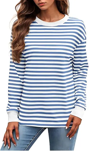 Womens Sweatshirts Crew Neck Long Sleeve Striped Colour Block Pullover Sweaters Fleece Casual Fall Trendy Clothes 2024