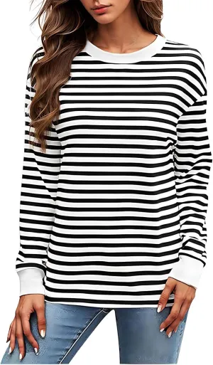 Womens Sweatshirts Crew Neck Long Sleeve Striped Colour Block Pullover Sweaters Fleece Casual Fall Trendy Clothes 2024