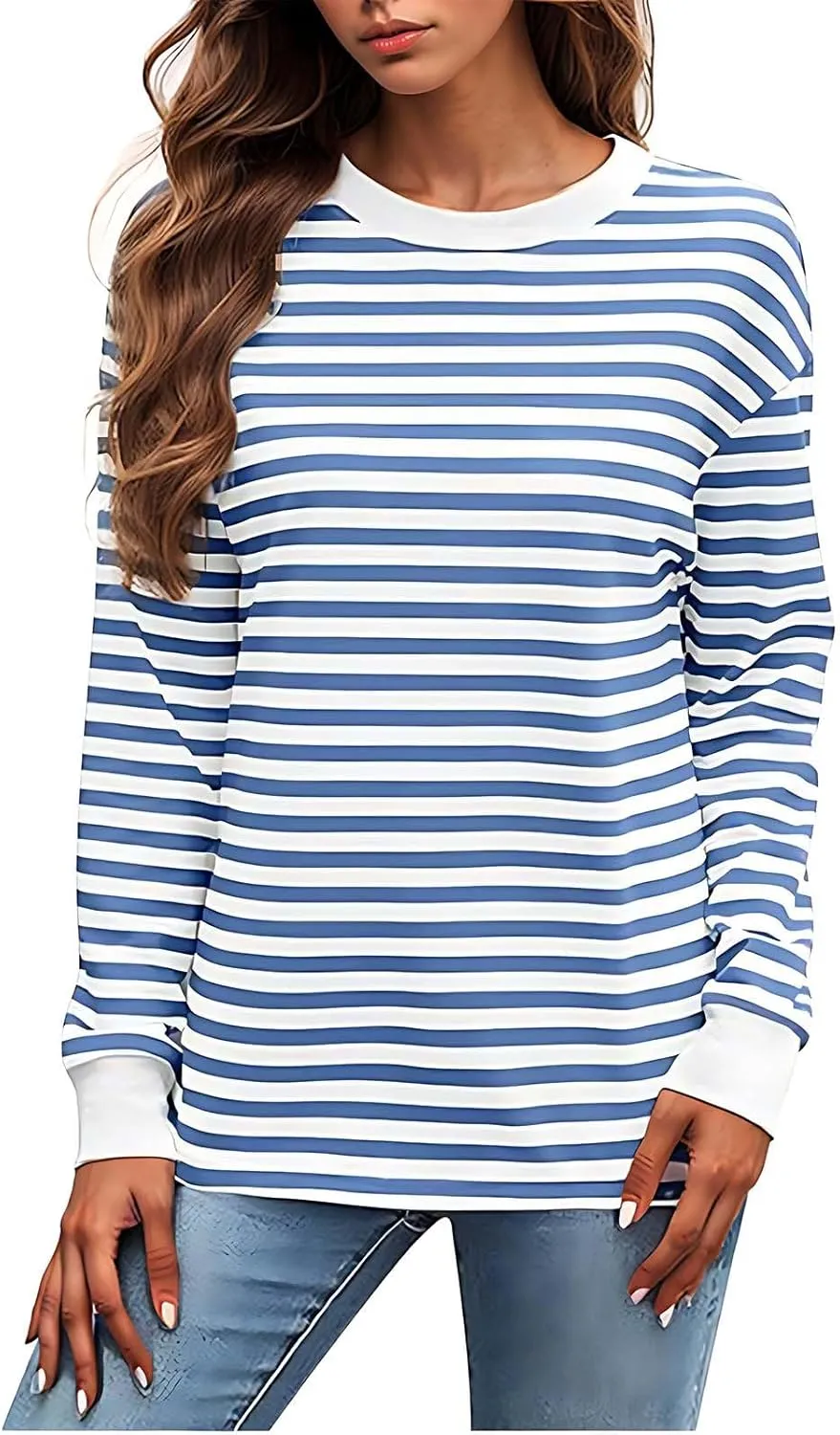 Womens Sweatshirts Crew Neck Long Sleeve Striped Colour Block Pullover Sweaters Fleece Casual Fall Trendy Clothes 2024