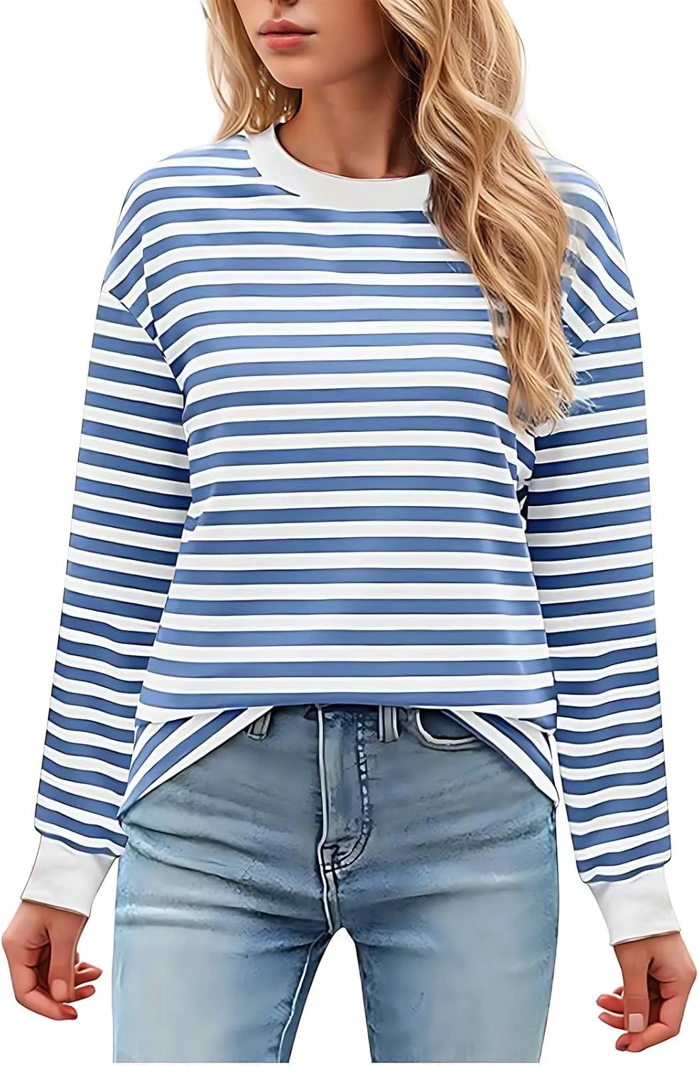 Womens Sweatshirts Crew Neck Long Sleeve Striped Colour Block Pullover Sweaters Fleece Casual Fall Trendy Clothes 2024