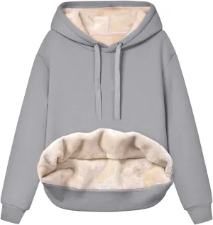 Womens Thick Fleece Hoodies Casual Solid Sweatshirts Comfy Soft Long Sleeve Drawsting Pullover with Pocket 2024 Tops