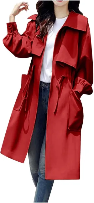 Womens Trench Coat Casual Loose Classic Lapel Drawstring Waist Fall Winter Oversized Windbreaker Overcoat Outwear Jacket