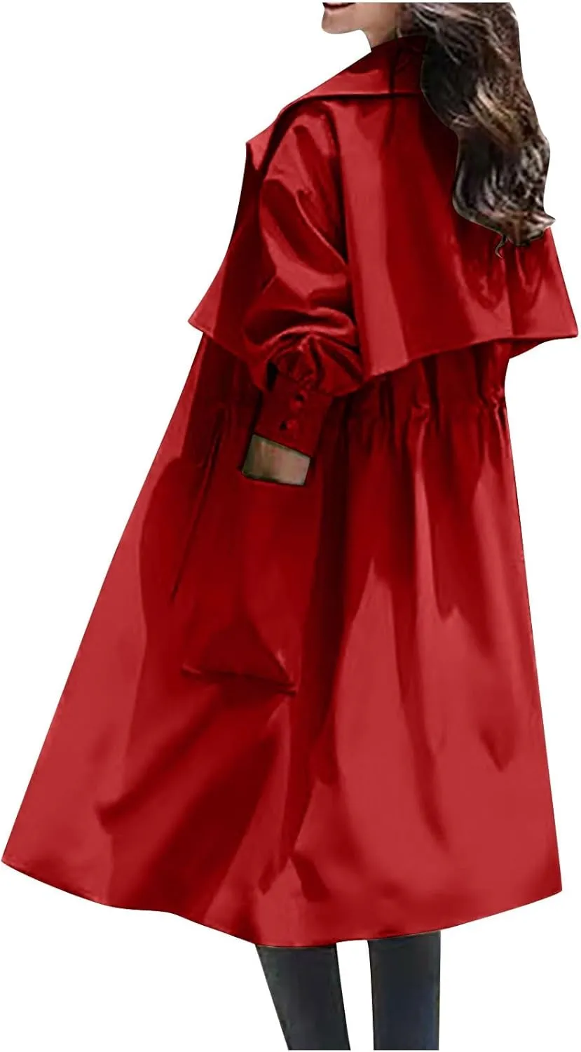 Womens Trench Coat Casual Loose Classic Lapel Drawstring Waist Fall Winter Oversized Windbreaker Overcoat Outwear Jacket
