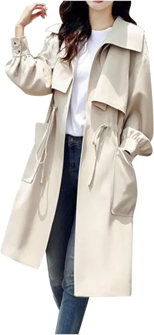 Womens Trench Coat Casual Loose Classic Lapel Drawstring Waist Fall Winter Oversized Windbreaker Overcoat Outwear Jacket