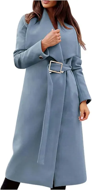 Womens Trench Coat Winter Wool Blend Pea Coat Casual Notched Lapel Collar Overcoat Belted Long Jacket Outerwear
