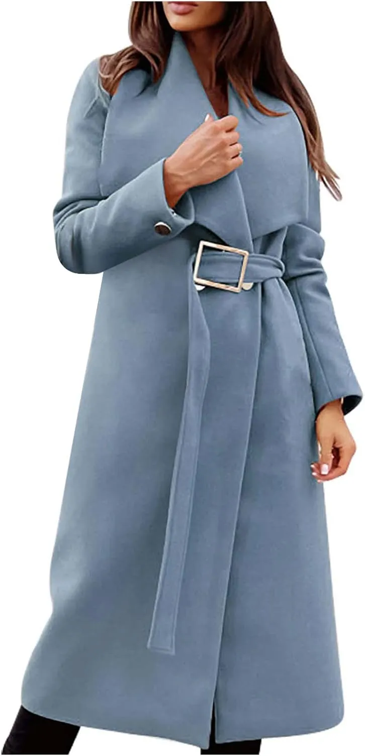 Womens Trench Coat Winter Wool Blend Pea Coat Casual Notched Lapel Collar Overcoat Belted Long Jacket Outerwear