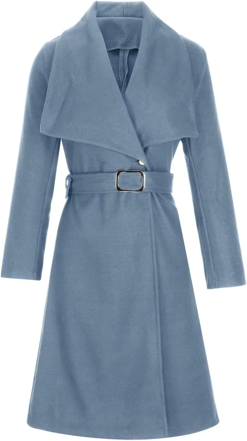 Womens Trench Coat Winter Wool Blend Pea Coat Casual Notched Lapel Collar Overcoat Belted Long Jacket Outerwear