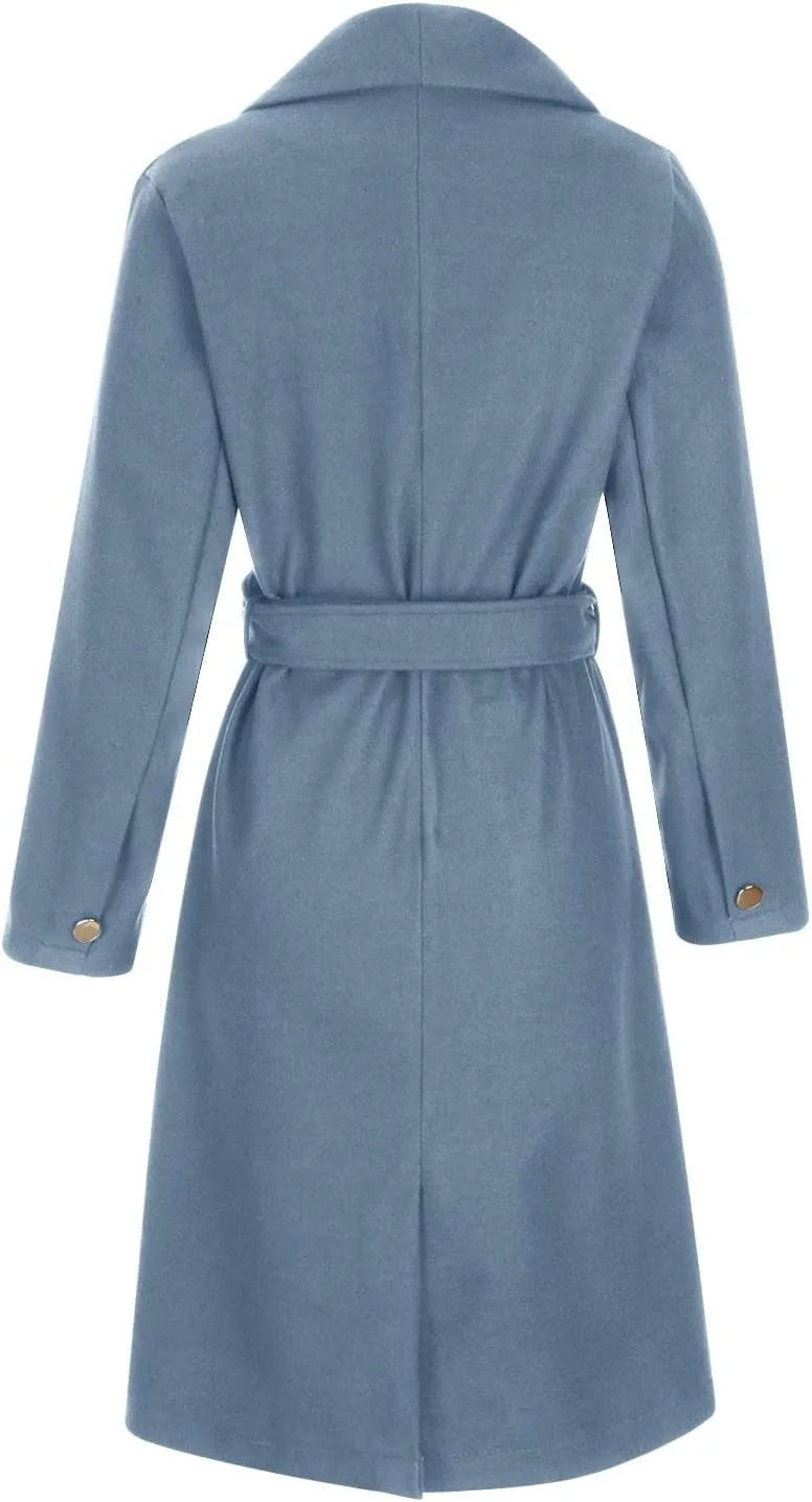 Womens Trench Coat Winter Wool Blend Pea Coat Casual Notched Lapel Collar Overcoat Belted Long Jacket Outerwear