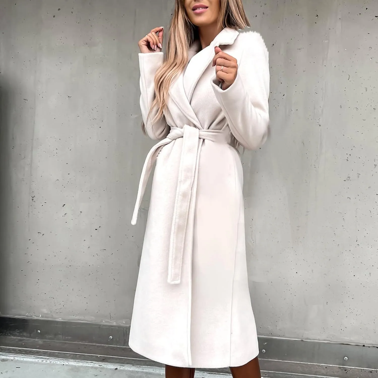 Womens Trench Coat Wool Blend Winter Coat Notched Lapel Oversized Open Front Long Pea Coats Thicken Jacket